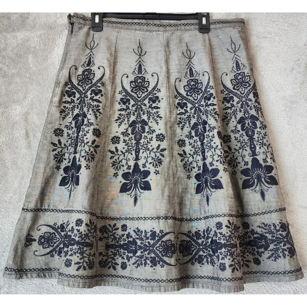 Next Petite Skirt Womens XL Grey Navy Blue Floral Embroidered Linen Blend